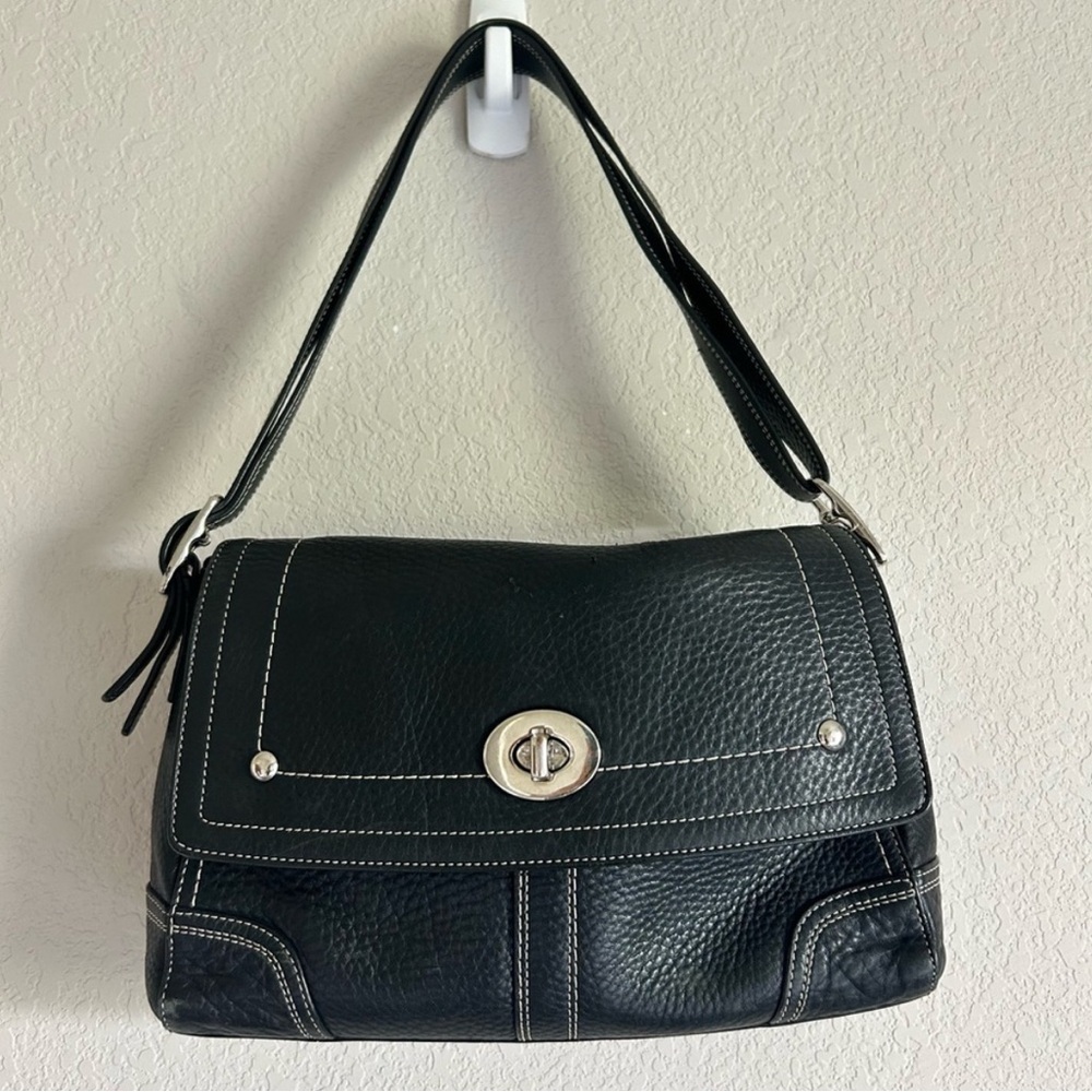 Coach Black Pebbled Leather Shoulder Bag with Turnlock Closure
